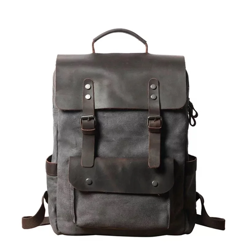

Casual Leather Backpack Men Campus School Bag Dark Grey Unisex Vintage Canvas 15.6 Laptop Backpack Rucksack Daypack