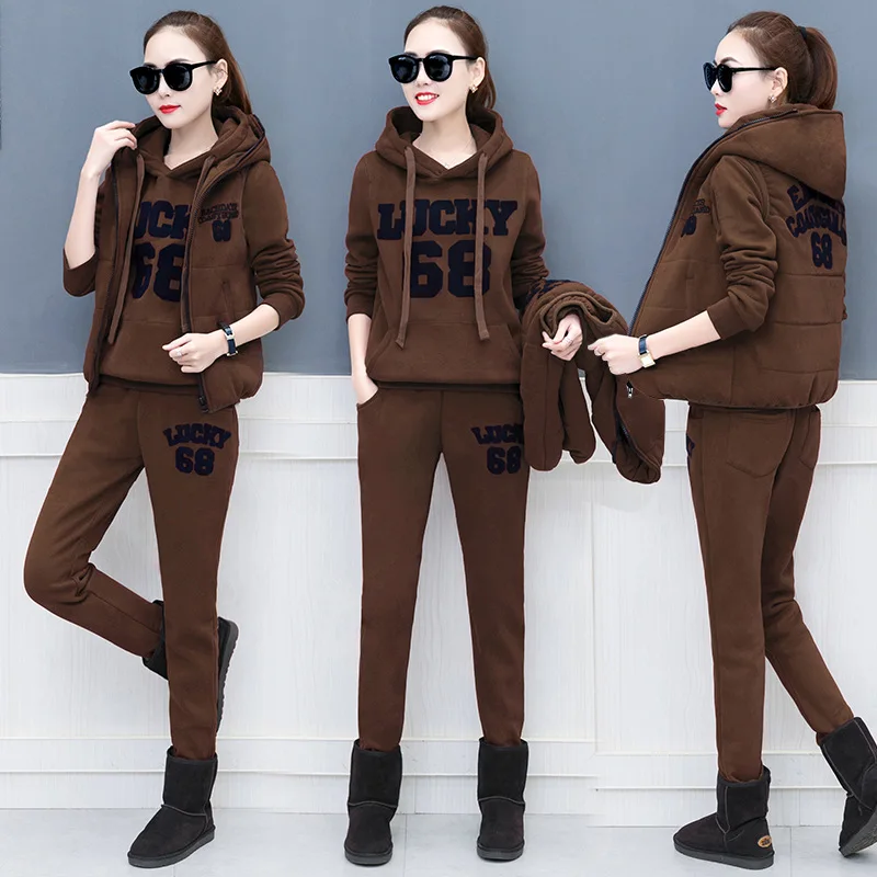 Winter Thick Fleece Women Sport Suit Tracksuit Letter Print Jacket+hoodie+pant Warm Casual Jogger Running Outfit Set Sportswear - Цвет: Dark Brown