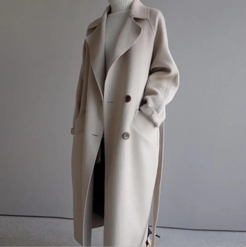 Женское длинное пальто из смесовой шерсти высокого качества, зимнее пальто с широким нагрудным поясом и карманами, шерстяное теплое пальто для женщин - Цвет: beige
