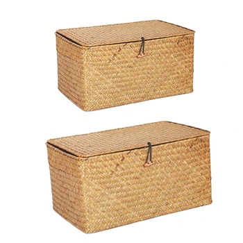 

2 Pcs Handmade Straw Woven Storage Basket with Lid Makeup Organizer Storage Box Seagrass Laundry Baskets, L & M