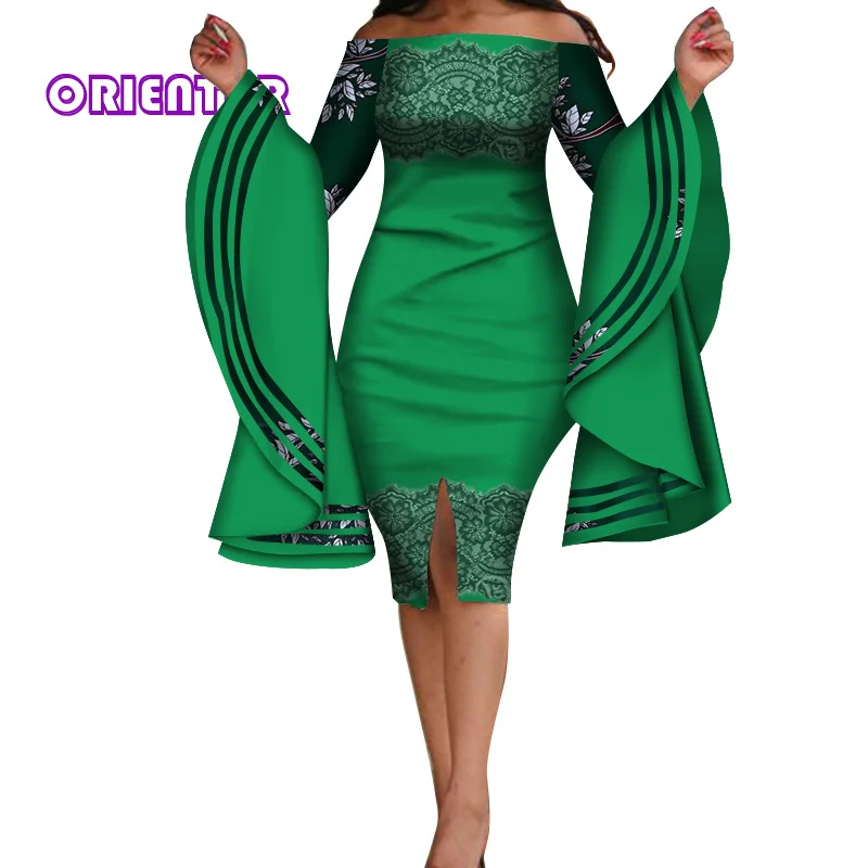 Африканское платье для женщин, сексуальное, с вырезом лодочкой, с большим Расклешенным рукавом, облегающее платье, Африка, Bazin Riche, женские вечерние платья, WY3744 - Цвет: 7