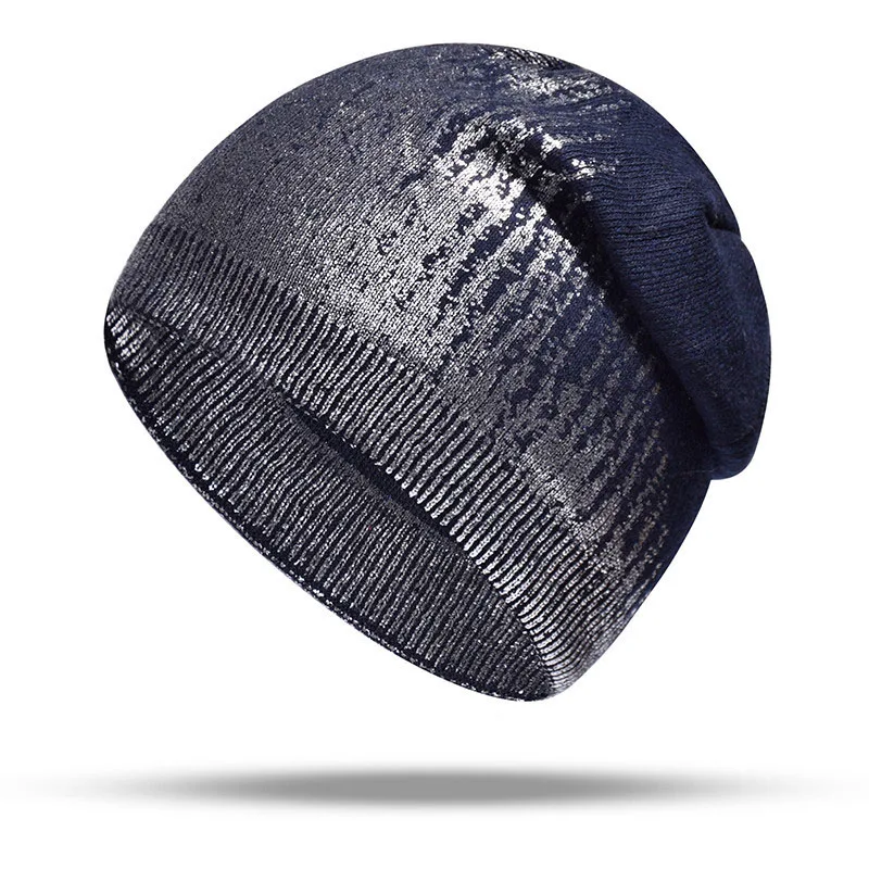 Шапочка для девочек, модные кепки с пайетками, женская, Gorros, хип-наклейка "хоп", эластичная Повседневная шапочка, длинная, Ретро стиль, высококачественный бини для зимы - Цвет: Тёмно-синий