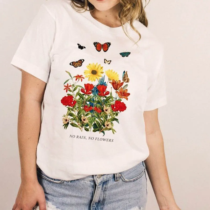 

No Rain No Flowers T Shirt Women Summer Funny Graphic Tees Aesthetic Clothes Hipster Bee Kind Trendy Fashion Tumblr Clothing