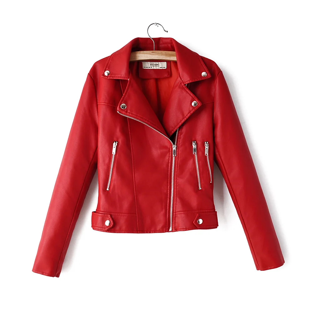 Осенняя черная и красная куртка из искусственной кожи, Женская байкерская куртка с длинными рукавами на молнии из искусственной кожи, уличная Женская мотоциклетная куртка - Цвет: Красный