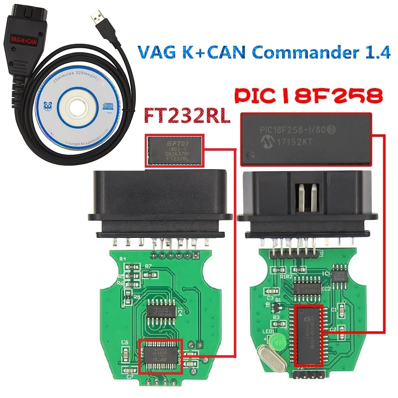 VAG K+ CAN Commander 1,4 PIC18F258 чип OBD2 Диагностический интерфейсный кабель для VW/AUDI/SKODA/SEAT обнаружение неисправностей Com кабели линия