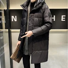 

2021 Winter White Duck Down Hooded Men's Jacket Medium Length Knee Length Loose Down Jacket Men Coat Fashion British Men's Wear