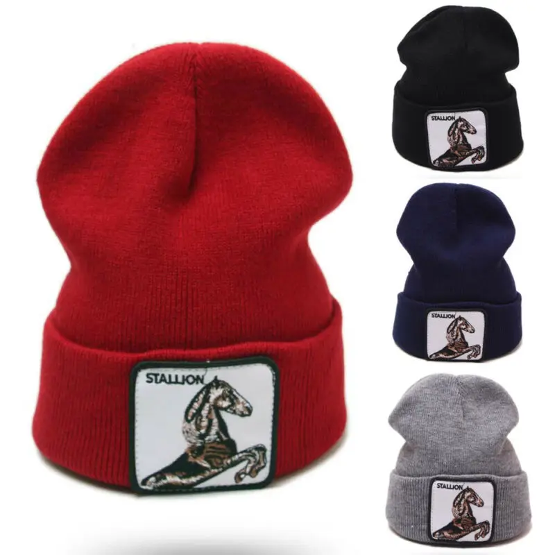 Мужская и женская теплая зимняя Лыжная вязаная шапка с вышитым рисунком лошади в