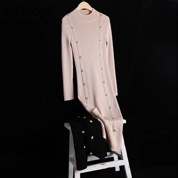 

Delocah Women Autumn Fashion Designer Party Midi Dress Double Breasted Long Sleeve Solid Printed Ladies Knitting A-Line Dresses