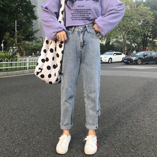 Джинсы женские свободные Harajuku отверстие прямые студенческие простые корейские стиль Универсальные карманы деним Длинные молнии женские брюки шик BF - Цвет: blue