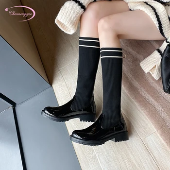 

Casual style round toe knee-high ankle boots paint fringe color matching stretch knitting low-heeled chunky women's riding boots