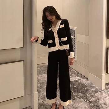 

2020 Autumn Ladies Pants Suit Winter Two Piece Set Women Knit Patchwork Chiffon Loose Jumper Sweaters Cardigan Top + Pants Set