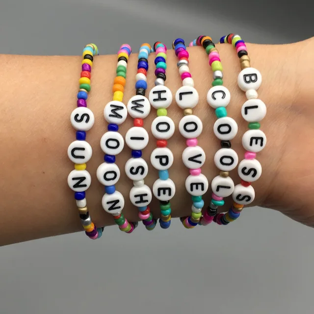 MOON GIRL Colorful Seed Beads Charm Letter Bracelet Stretchy Hope Bless  Boho Friendship Pulseras Femme Jewelry