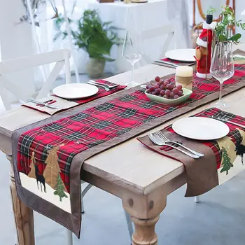 

40 1 set Christmas Table Runner Plaid Cloth Elk Small Tree Table Mat 180*35CM Insulation Mat New Year Decorations Christmas gift