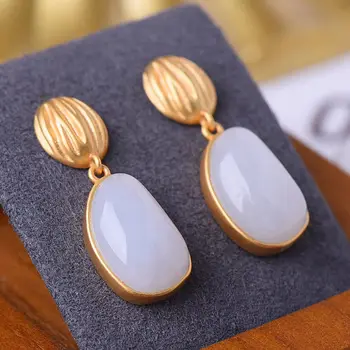 

silver natural Hetian white jade oval irregular Earrings Chinese style retro minority design elegant charm women's brand jewelry