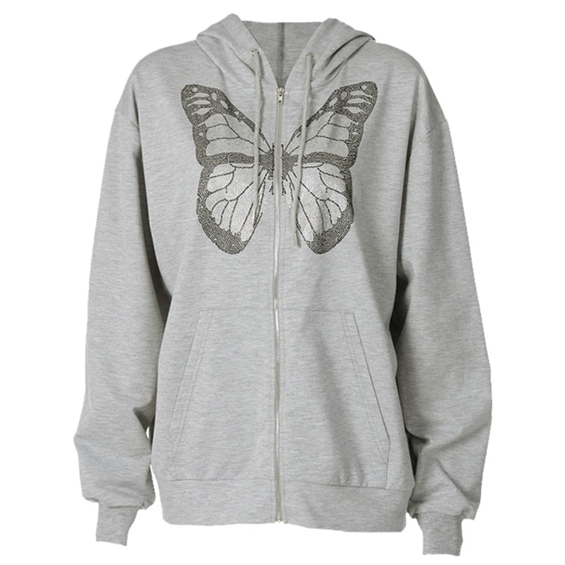 

Women Long Sleeve Hoodies Jacket Butterfly Rhinestone Zipper Loose Sweatshirt