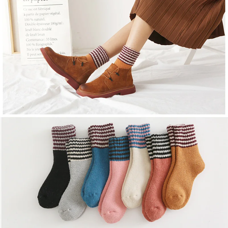 Полосатые утепленные женские хлопковые милые плюшевые теплые носки для сна; Забавные милые зимние шерстяные носки; чулочно-носочные изделия для сапог