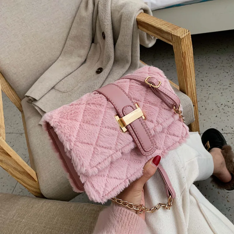 

2019 Autumn & Winter New Style WOMEN'S Bag Ladies' Korean Style Square Sling Bag Furry suo kou bao Car Suture Oblique WOMEN'S Ba