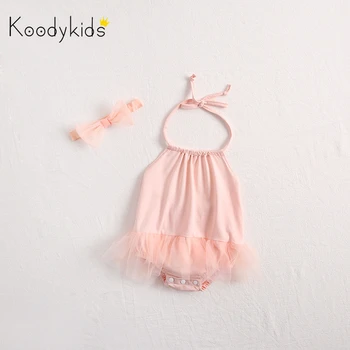 

Koodykids Baby Girl Dress Bodysuits Summer Triangle Dress Romper With Headband Party Dress Clothes Mesh Dress Jumpersuits New