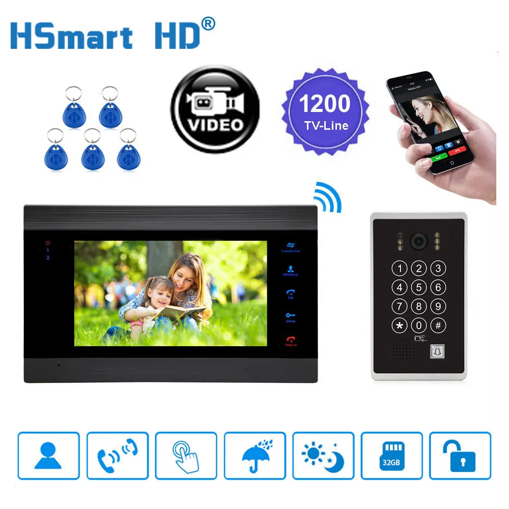 7\ Touch Screen Video Intercom Door Phone Record Kit Code Keypad IC Outdoor HD 720P Camera wifi video intercom system