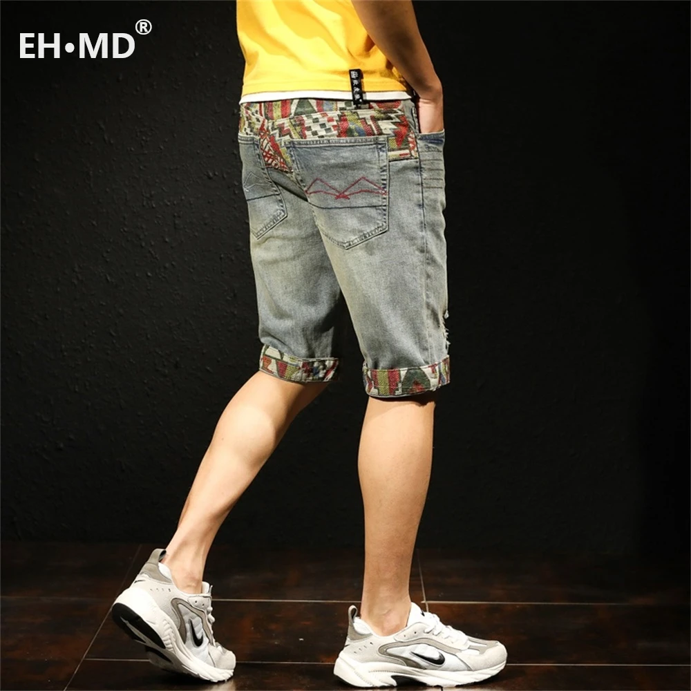 

EH · MD® Men's Denim Shorts Light Blue Hand-Paneled Embroidered Mid-Pants Hole Stretch Elastic Fleece Pants Cotton Summer Feet