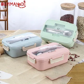 

Straw Wheat Student Heated Lunch Box Picnic with Spoons Chopsticks 3 Split Layers Food Lunch Box