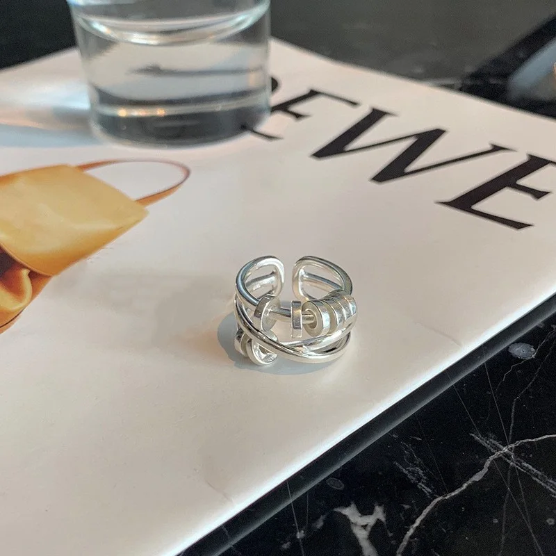 XIYANIKE Silver Color Unique OT Buckle Chain Fashion Multi-layer Cross Round Silver Ring Personalized Party Punk Jewelry 5