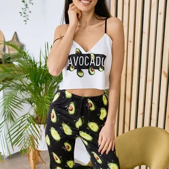 

Sexy Silk Pijamas Women Pajama Set Cute Avocado Printed Sleep Tops Loose High Waist Pants V Neck Pyjama Mujer Autumn Sleepwear