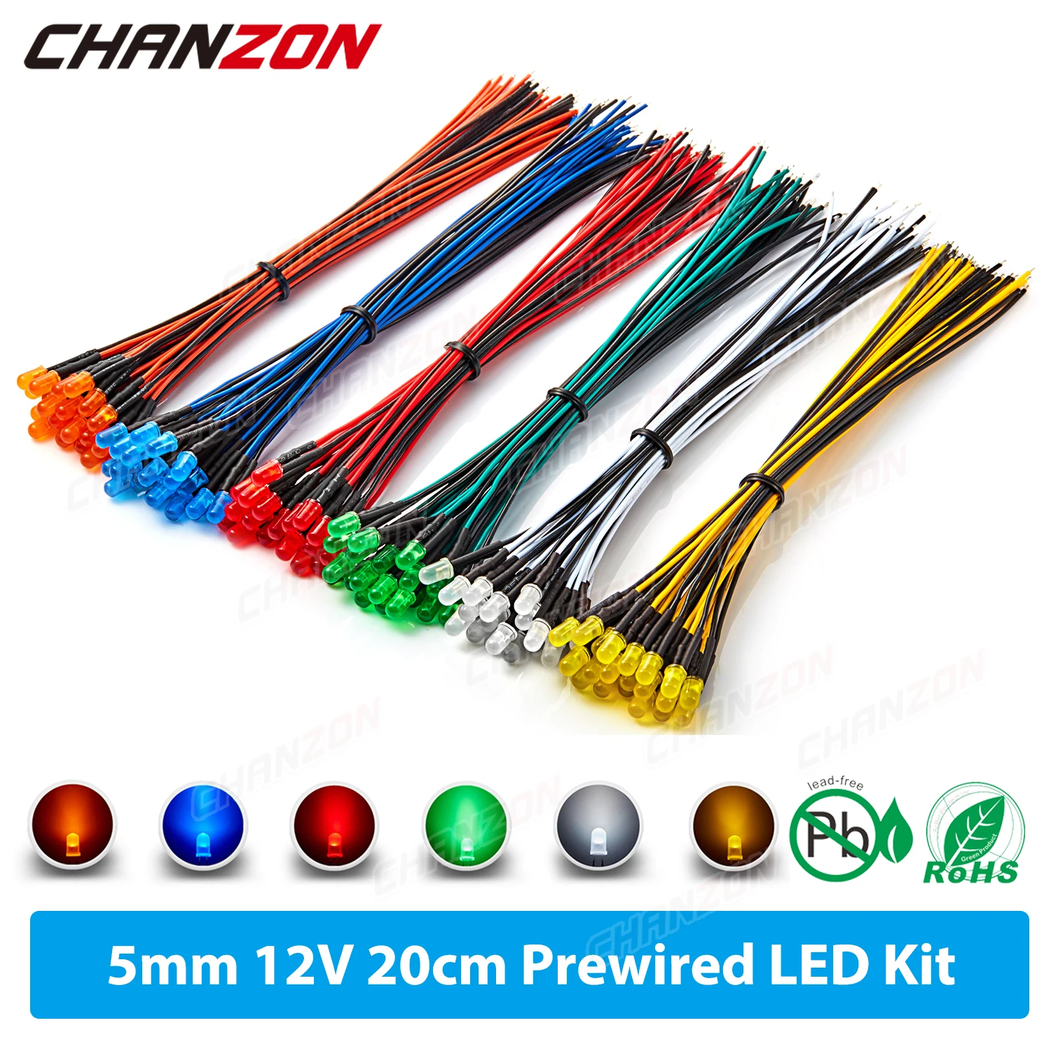 120Pcs 9V 12V 5Mm Kit Diodo Led Precablato Emissione Di Luce Diffuso Bianco Rosso Verde Blu Giallo Arancione 20Cm Assortimento Pre Cablato