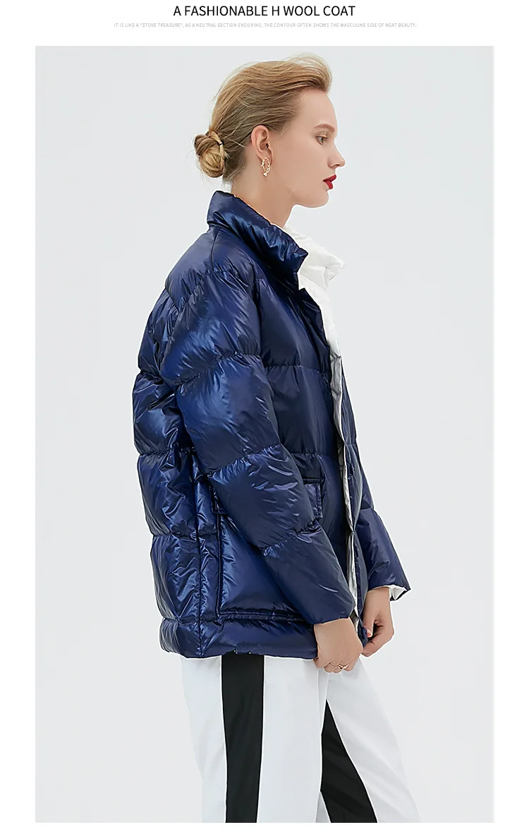 Winter new style down jacket 90 white duck down female European style thick warm coat short style bright surface jackets