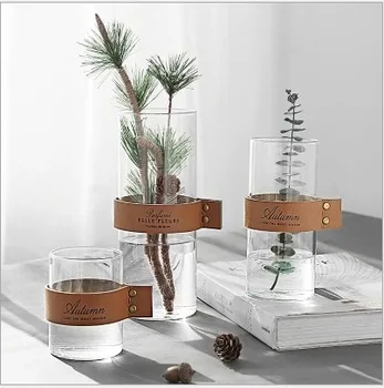 

3 Size Nordic Gentry Leather Strap Hydroponic Flower Floral Home Deco Modern Minimalist Straight Glass Vase