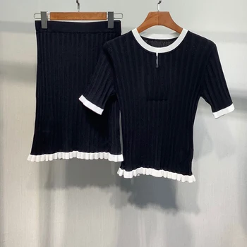 

Women Skirt Set Knitted T-Shirt And Mini Skirt Suit Ladies Black 2 Piece Sets High Quality