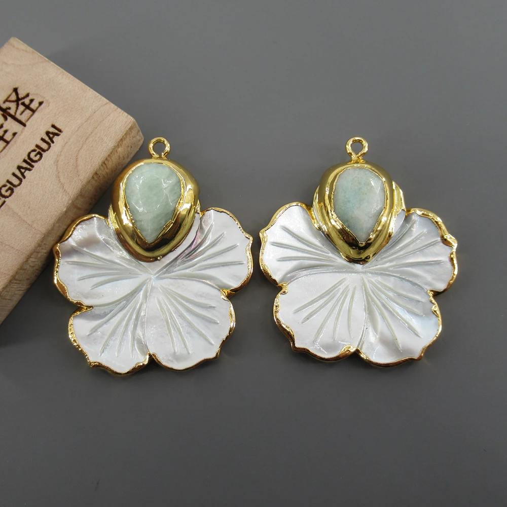APDGG 1PC Natural Carved White Shell Flower Amazonite Pendant Charm Electroplated woman fashion Jewelry