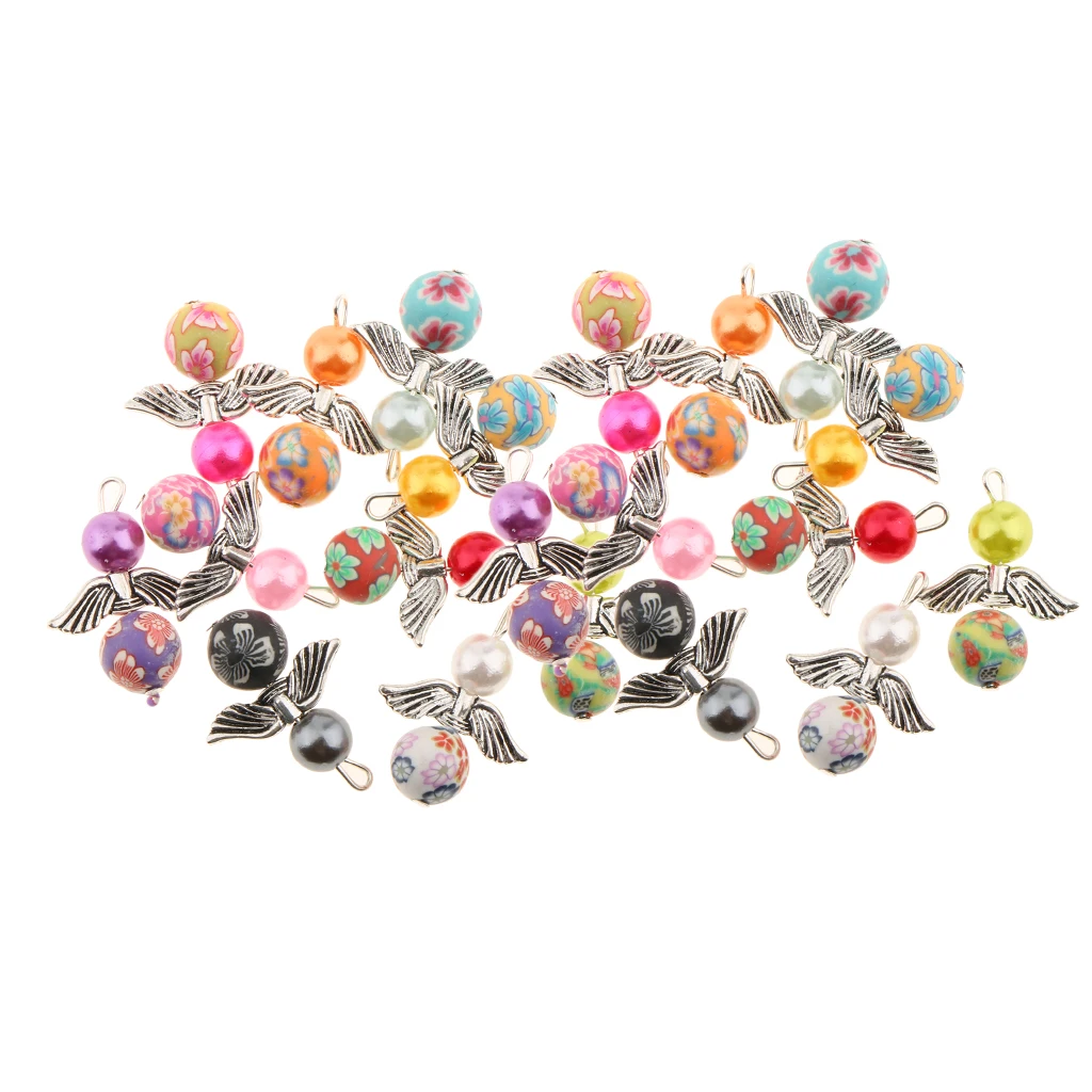 20 Pcs Tibetan silver color Angel Wing Pearl Polymer Clay Beads DIY Dangle Pendants Earrings Bracelets Necklaces Chokers