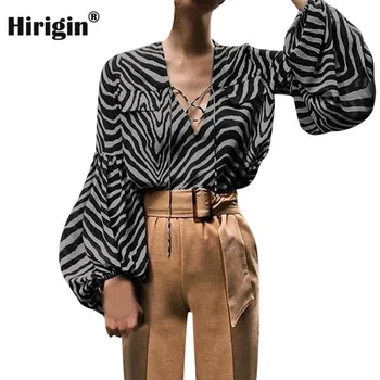 

2020 Spring Bandage Women Striped Leopard Shirt Female Blouse Tops Long Lantern Sleeve Casual OL Style Women Loose Blouses