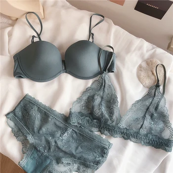 

Lace three-piece underwear set gathered half cup without trace collection of breasts bra sexy removable lingerie & briefs sets