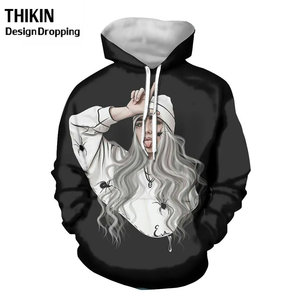 THIKIN Мода Billie Eilish принт для женщин толстовки пуловер хип хоп шляпа для подростка Уличная свитер женский большой XS-4XL