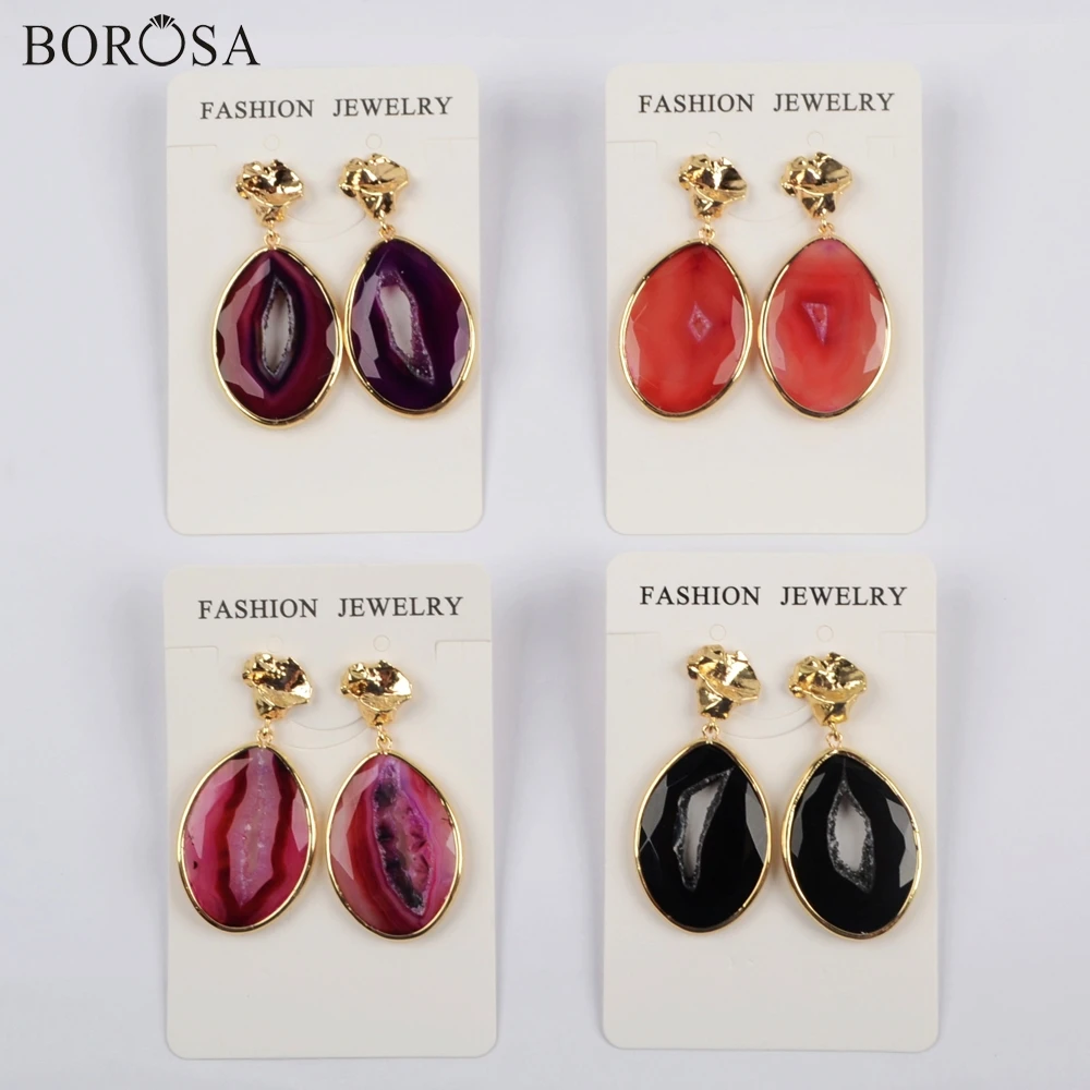 

BOROSA 4Pairs New Gold/Silver Bezel Drop Agates Druzy Slice Dangle Earring Gems Mixed Agates Drusy Slice Earrings Jewelry WX1176