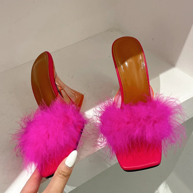 Women Neon Pink Fuzzy Slide Sandals, PVC Glamorous Sandals