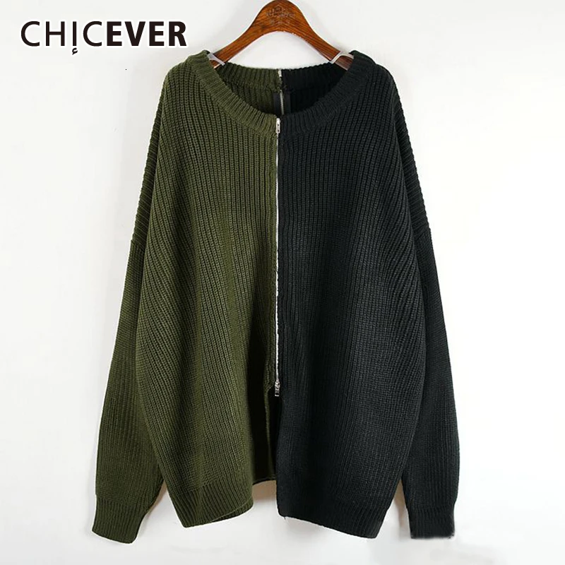 CHICEVER лоскутный хитовый цветной вязаный свитер для женщин с круглым вырезом и