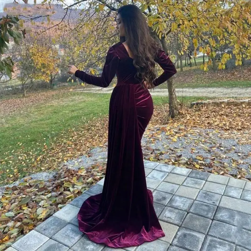 2022 Arabic Mermaid Evening Dresses Long Sleeve Side Split Morocco Kaftan Soft Velvet Prom Formal Party Gowns robes de soirée mini prom & dance dresses