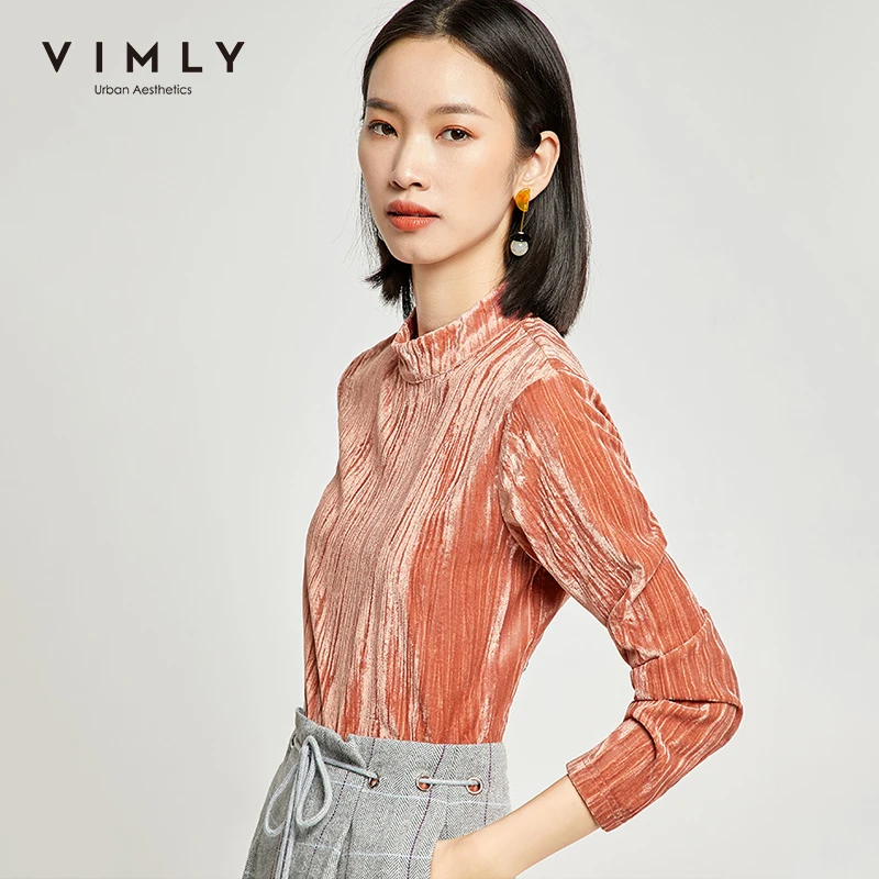 Vimly 2020 Spring Autumn Women Solid Shirt Elegant Office Lady Stand Collar Slim Long Sleeve Casual Female Tops 98755 | Женская одежда