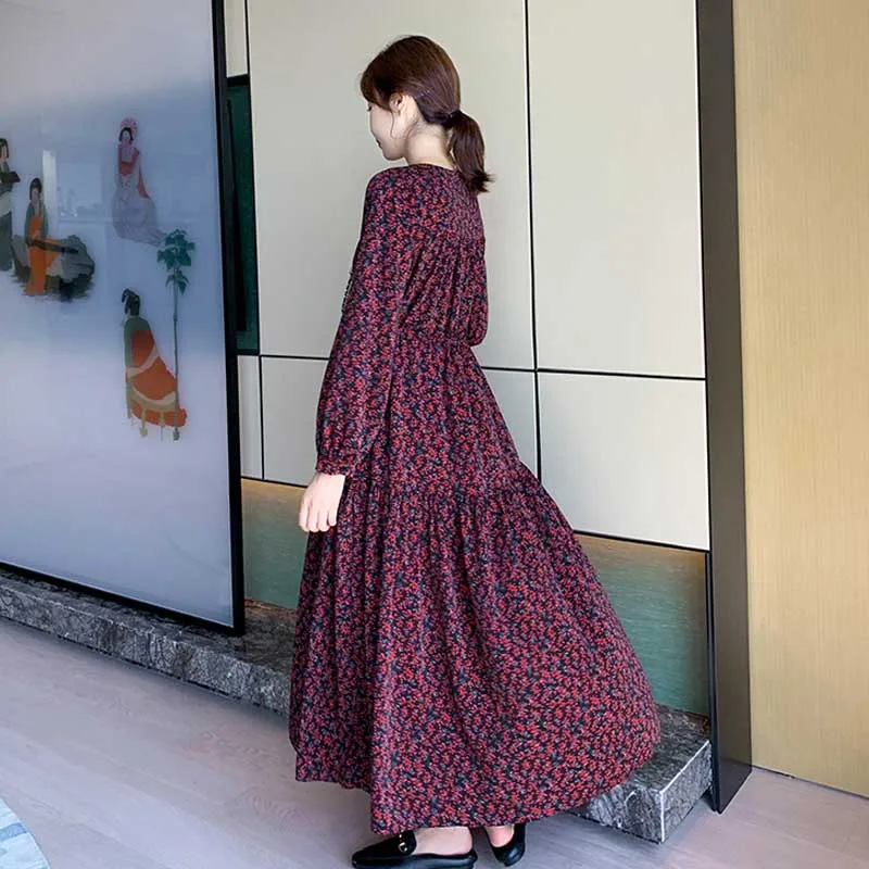 2020 Long Dress Spring Autumn Fashion New Women Long Sleeve Floral Print Dress Vintage Korean Elegant One-Piece Dress Vestidos
