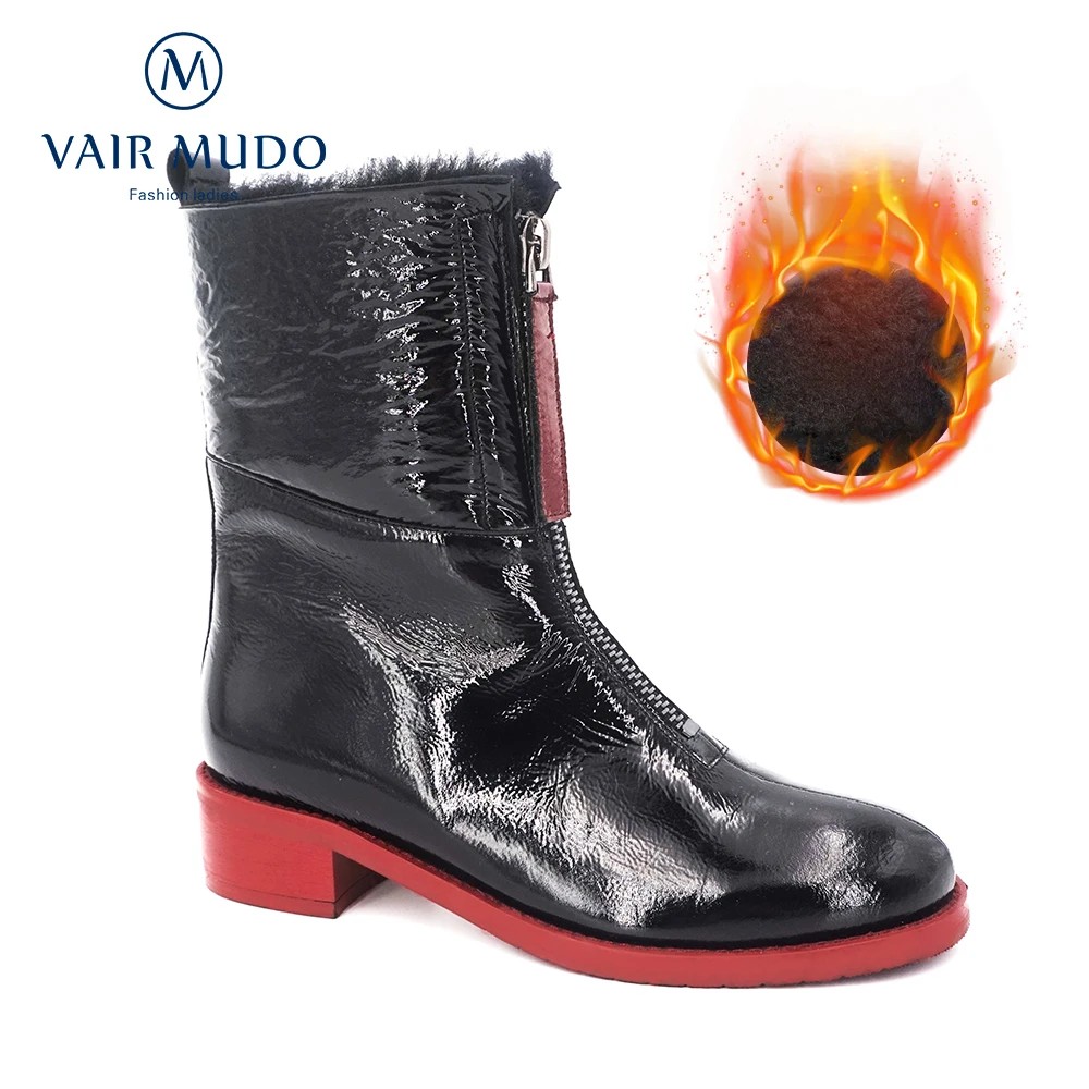 

VAIR MUDO Ankle Boots Women Shoes Winter Fashion Martin Boots Ladies Patent Leather Waterproof Lining Wool Warm Short Plush DX58