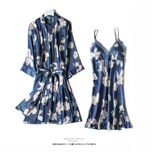 Сексуальный прозрачный шелк тонкий секционный печать женский халат набор Спагетти ремень с нагрудной подкладкой пижамы