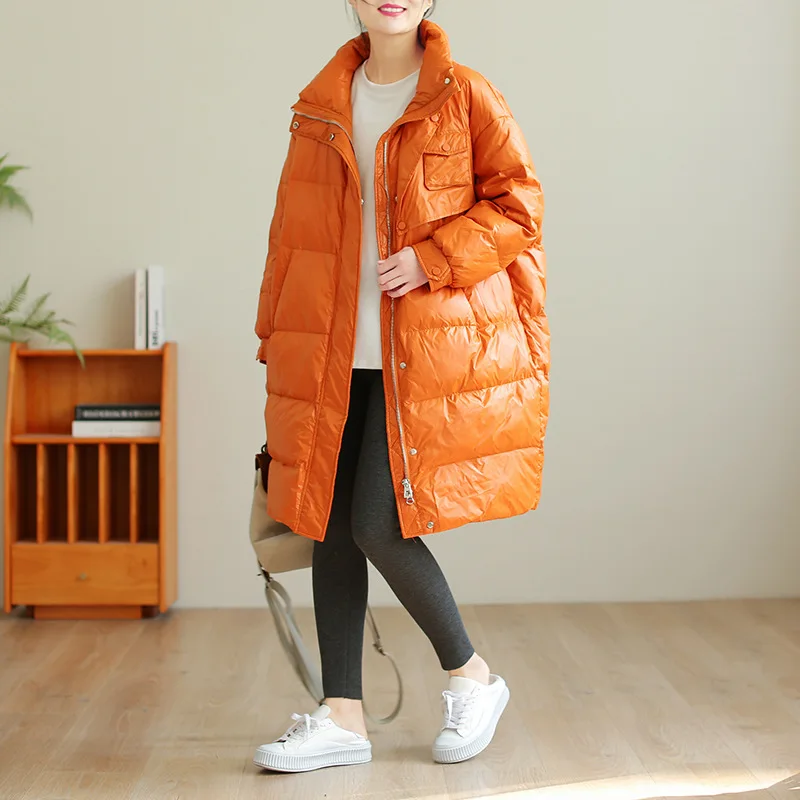 Glossy Mid-length White Duck Down Jacket Women's Loose and Versatile Warm Jacket for Winter 2021