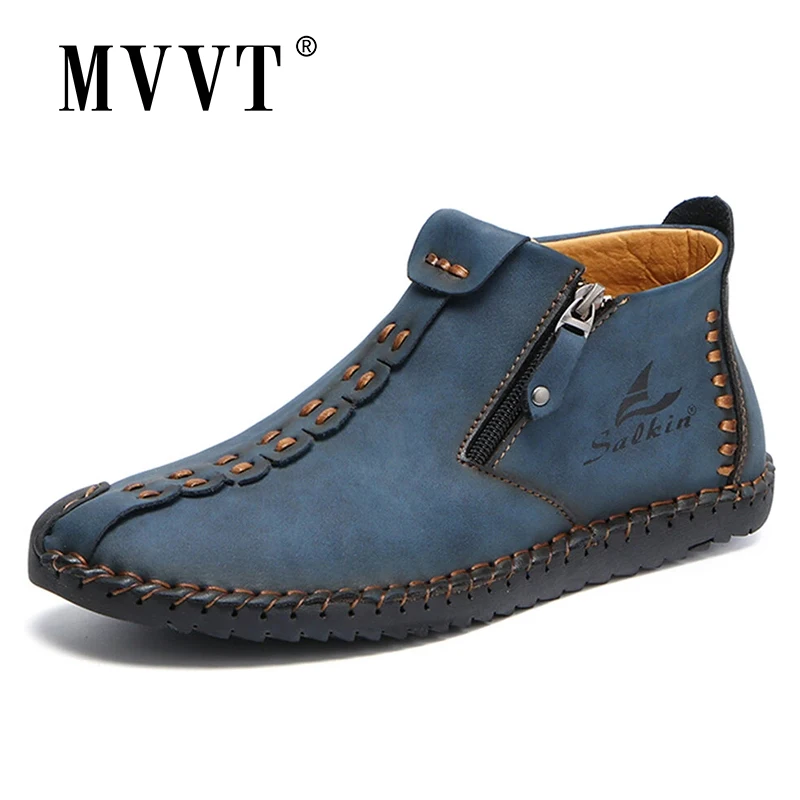 Boots Men Shoes Slip Ankle-Botas Casual Retro Patent Zip on Hand-Stitching Hot-Sale Hombres