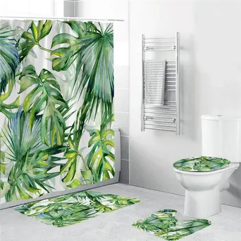 

Green Leaves Shower Curtain Tropical Jungle Plant Bathroom Waterproof Washable Polyester Fabric for Nature Bathtub Decor