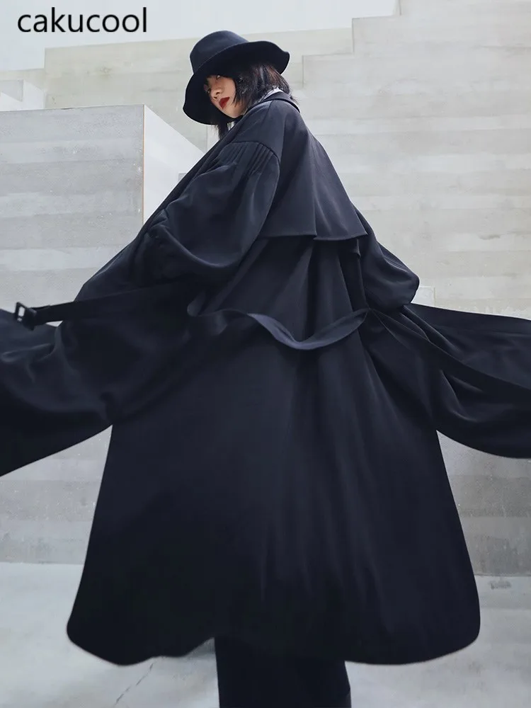 

Cakucool 2019 Windbreaker female early autumn irregular designer models loose thin black lantern sleeves long coat