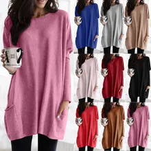 Women Solid Warm Long Sleeve Sweatshirt Loose Pocket Daily Pullover Tops Plus Size Femme Tops#30