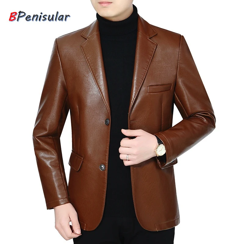 Осенне-зимняя мужская кожаная куртка, повседневный пиджак из искусственной кожи, Мужской однобортный приталенный пиджак, мужские кожаные куртки, пальто в готическом стиле